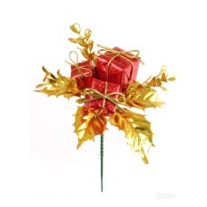 Metallic Red and Gold Wreath Pick With Holly Leaves, Boxwood And 3 Packages (Lot of 12 Picks) SALE ITEM